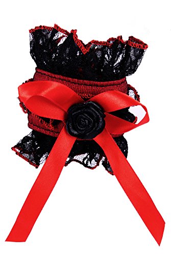 GLP Bracelet Noir et Rouge avec Froufrous en Dentelle, Noeud et Rose Noire, Gothique Lolita