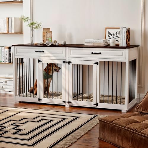 Hundekäfig mit 2 Schubladen und 2 Türen,Hundebox für Innenbereich,Hundehaus mit getrenntem Innenraum,Weiß+Dunkelbraun,MDF,160×60×80cm,Hundehütte für 2 Hunde Hundekäfig mit 2 Schubladen und 2 Türen,Hundebox für Innenbereich,Hundehaus mit getrenntem Innenraum,Weiß+Dunkelbraun,MDF,160×60×80cm,Hundehütte für 2 Hunde