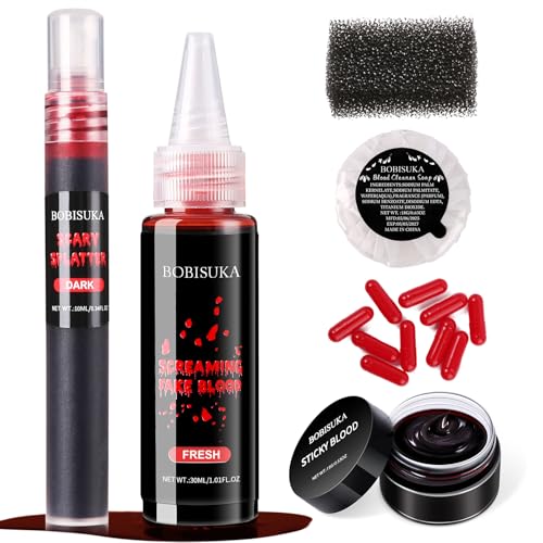 Halloween Fake Blood SFX Makeup Kit Fake Blood Spray Dripping Blood Coagulated Gel 4 Wound Tattoos Blood Capsules Cleaner Soap Realistic Washable Makeup for Zombie/Vampire/Monster