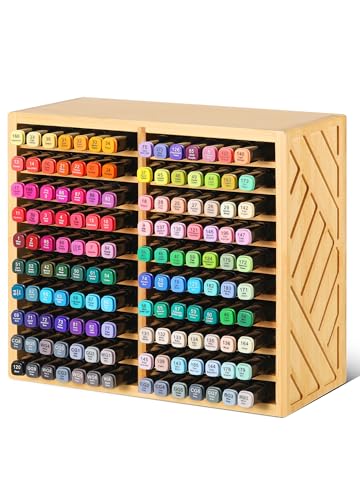 Image of Bamboo Marker Organizer for Desk, Marker Storage Organizer for 140 Markers,Pens, Pencils and Art Brushes,Wooden marker holder for Home, Classroom and Office Decor,Bamboo