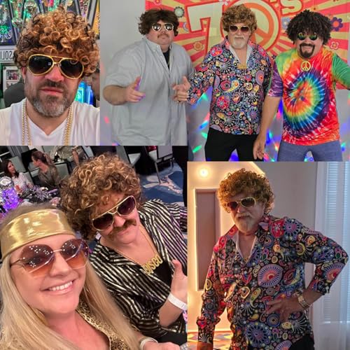 Image of 70s 80s Disco Costume Wig Set for Men - Afro Curly Wig with Mustache, Gold Sunglasses & Disco Necklace, Halloween Cosplay 70s Party Outfit Accessory (Blonde Mixed Brown)