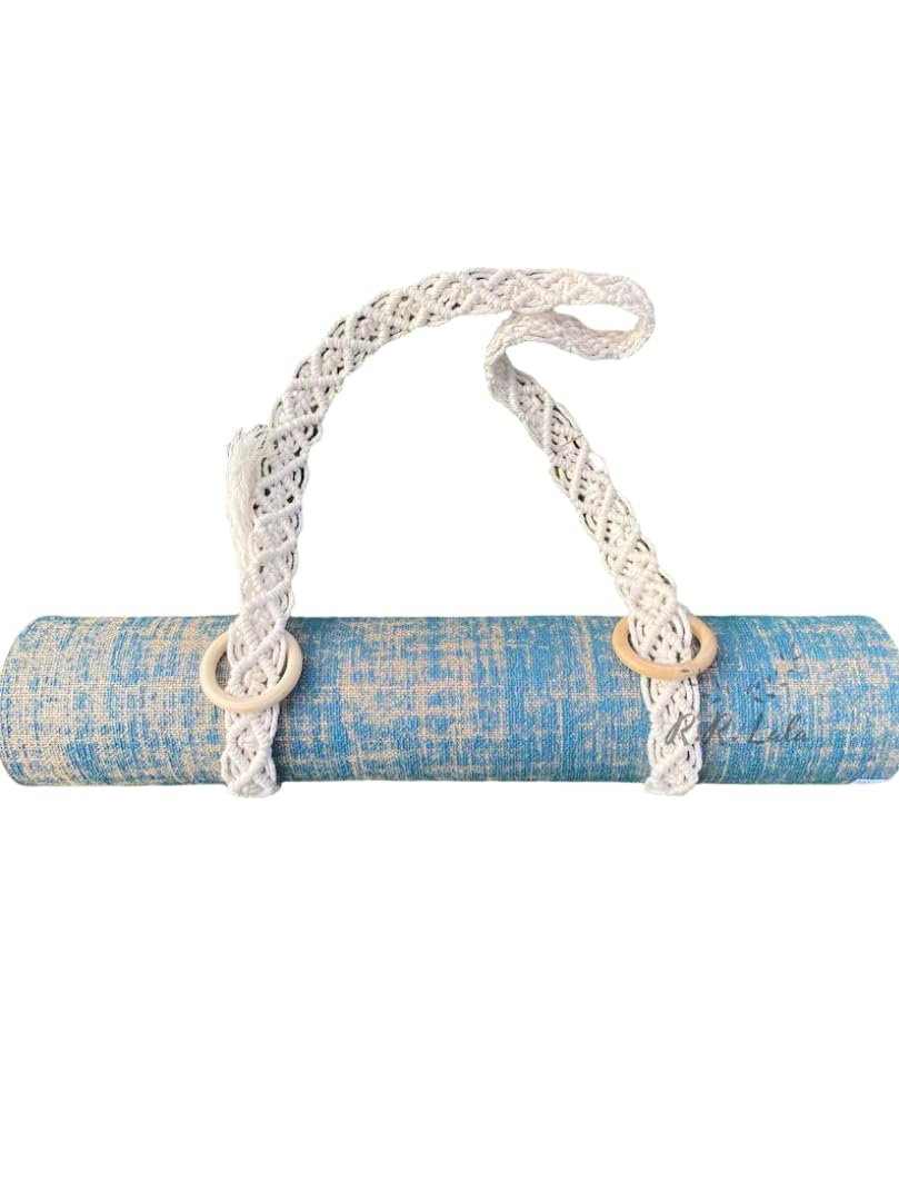 R.R.LALA Macrame Yoga Mat Strap Carrier | Handmade Cotton Mat Holder with Wooden Rings | Adjustable & Stylish Boho Yoga Sling FULL SIZE 62 IN