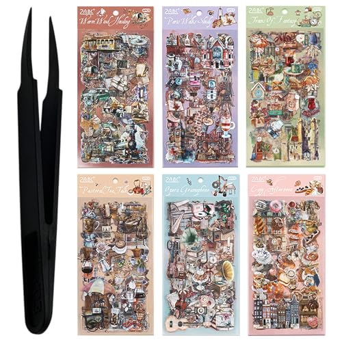 Culinavog 563 Piezas/36 Hojas Pegatinas, Pegatinas Scrapbooking con Pinzas de Plástico, PET Resistente al Agua, Ideal para Scrapbook, Journaling, Sobres, Álbumes y Papeleria Aesthetic