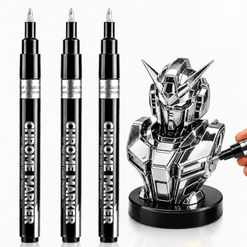HOTU Silver Chrome Paint Markers 3 Pack Liquid Mirror Chrome Paint Pens 0.7mm Extra Fine Metallic Markers for Metal Plastic Models Jewelry Wheel Touch Up Smooth Surfaces