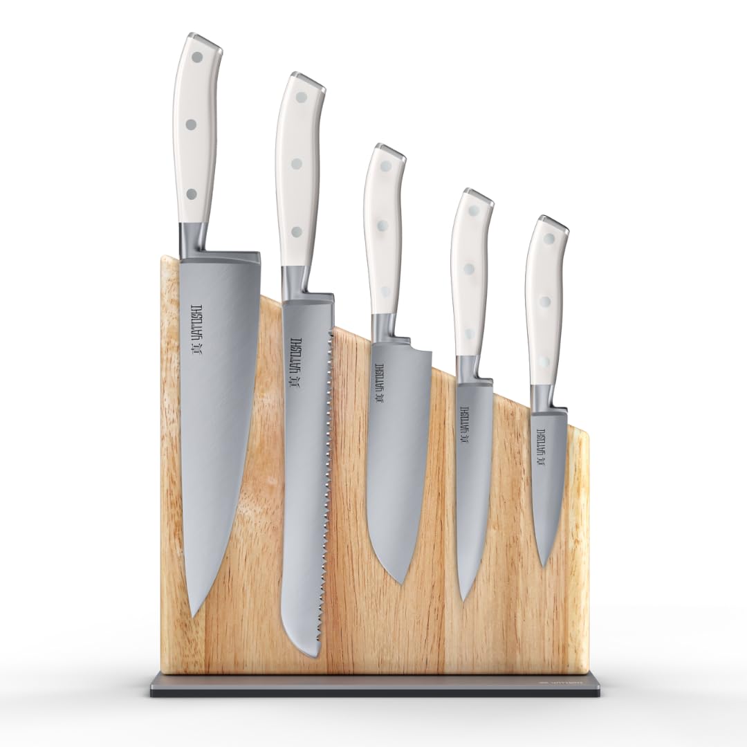 Yatoshi Knives Magnetic Kitchen Knife Block Set - Japanese 67 Layer High-Grade VG-10 Steel Knives, Sharp, Professional Kitchen Knife Set - Damascus (6 pieces), Olive Wood Handles — Amazon image 19
