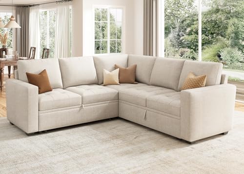 Image of HONBAY Modular Sectional Sofa with Pull Out Bed Convertible L Shaped Couch with Storage Seat Sleeper Sectional Couches for Living Room,Mid Beige