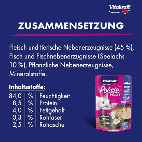 Vitakraft Poésie Délice, Nassfutter Katze, Katzennassfutter in Sauce, mit Seelachs, Vorratspackung, ohne Zusatz von Zucker und Getreide (23x 85g)