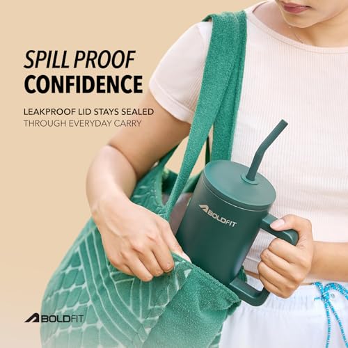 Image of Boldfit Tumbler Bottle with Lid and Straw 1.2L Stainless Steel Water Tumbler | Leakproof Travel Mug with Handle & Reusable Straw Sipper with Cleaning Brush 1200ml