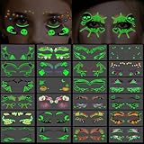 24PCS Halloween Makeup Glow in the Dark Eye Shadow Temporary Tattoos Eyeliner Tattoo Spider Web Bat Cat Ghost Design Fake Tattoos for Women Girls Men Face Eye Cosplay Halloween Party Supplies