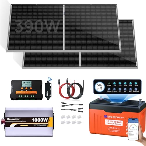 ECO-WORTHY 390W 12V Complete Solar Panel Kit for RV Home Off Grid Yard: 195W Solar Panels*2 + 1000W Solar Inverter+12V 100Ah Lithium Battery+ 30A Char