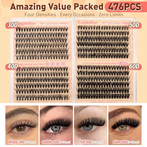 calphdiar Wispy Lash Clusters 30D+40D+50D+60D Individual Lashes 480PCS Eyelash Clusters Natural Volume Lashes Clusters D-curly Cluster Eyelash Extensions 8-18MM DIY Lash Extension at Home