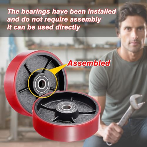 Image of Pallet Jack /Truck Steering Wheels Set with Axle, Fasteners and Protective Caps (2 pcs) 7 inch x 2 inch with Bearings ID 20mm Poly Tread Red