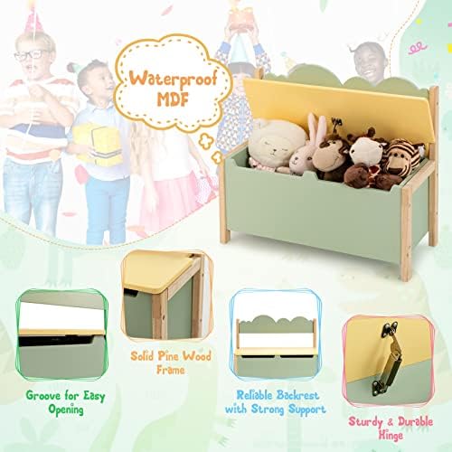 COSTWAY Wooden Toy Box, 2-in-1 Kids Bench and Storage Chest with Safety Hinged Lid, Multifunctional Children's Organizer Cabinet for Playroom Bedroom