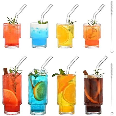 Gerippte Glasbecher mit Strohhalmen, Trinkgläser 8er-Set Cover