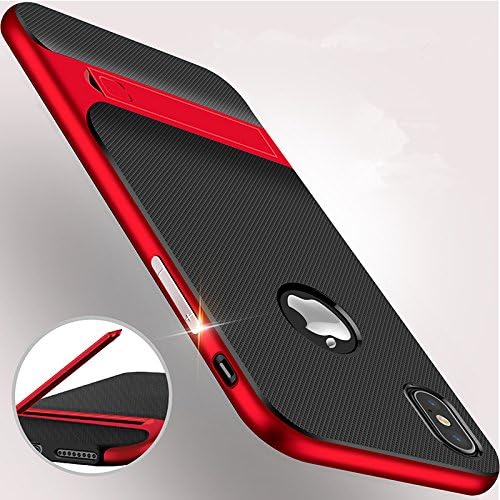 emeygroup iPhone X/XS Case with Kickstand, Shockproof Stand Cover PC+TPU Premium Carbon Fiber Dual Layer Hybrid Shock Proof Ultra Thin Slim Fit Built-in Holder Protective Case for iPhone 10S 10 (red)