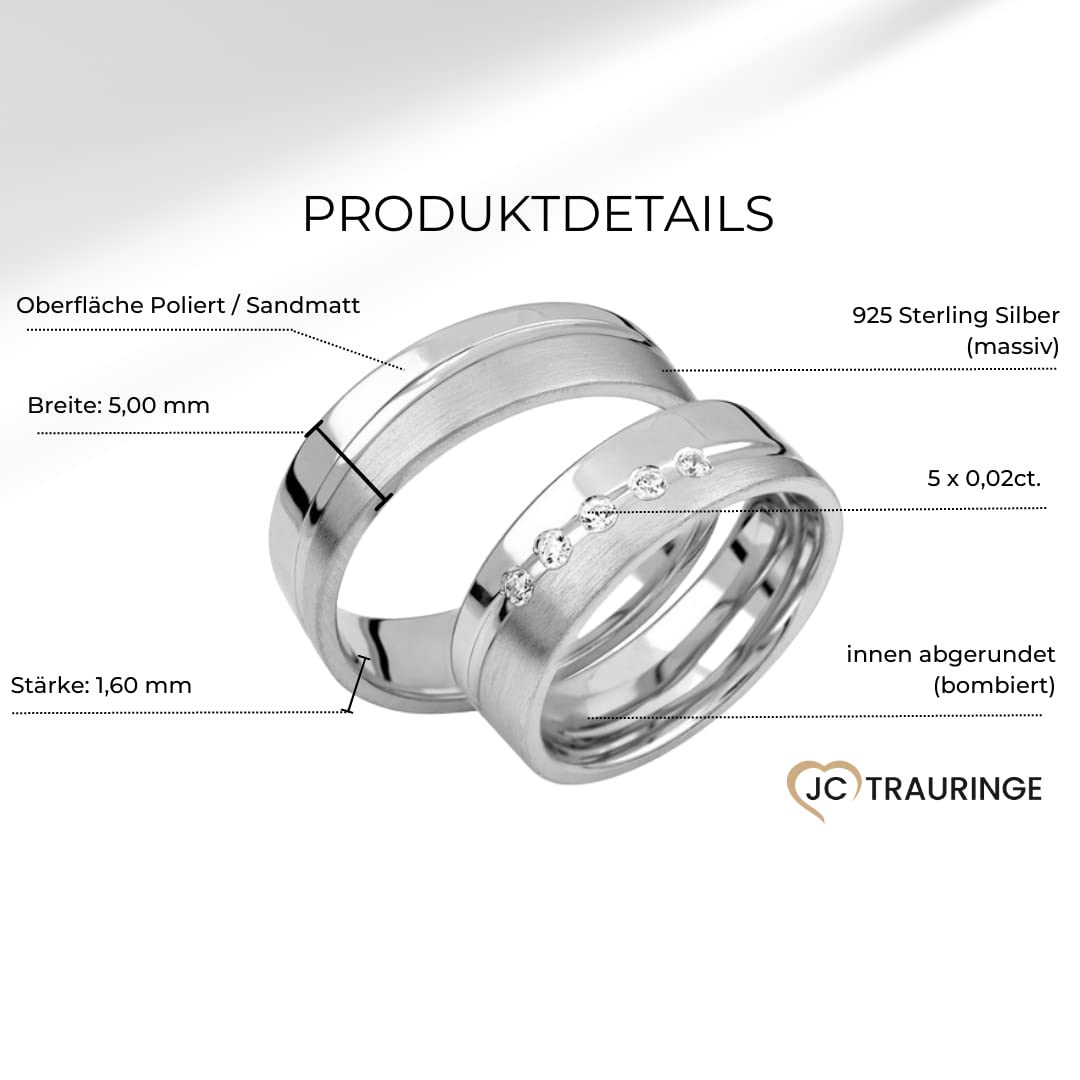 JC Trauringe 925er Sterling Silber Paar-Preis I Ehe-Ringe mit kostenloser Gravur I Verlobungsringe 6 mm breit mit Etui-Box I Herren-Ring ohne & Damen-Ring mit 5 Zirkonia-Steinen I Gr. 48 bis 72 I S071