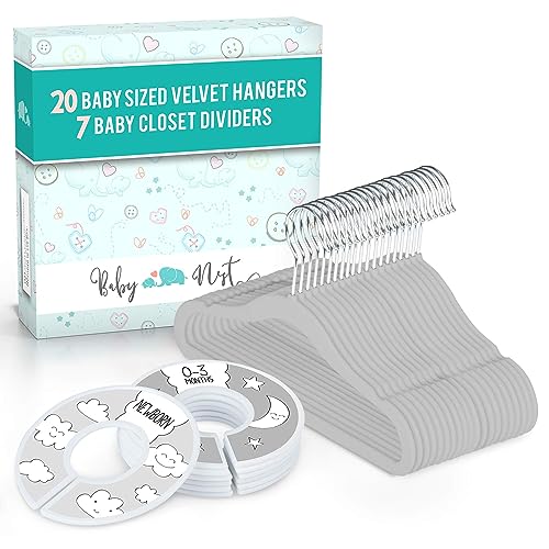 Image of Baby Nest Designs 20x Baby Hangers for Closet with 7X Baby Closet Dividers for Nursery Velvet Baby Clothes Hangers Unisex Newborn Essentials Baby Size Organizer for Infant Clothing to 24 Months