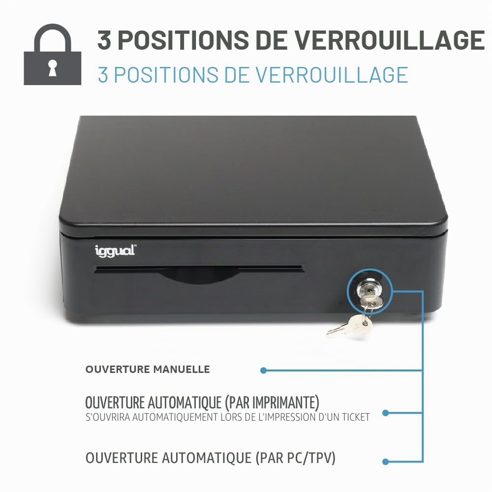 Iggual -Tiroir-Caisse IRON-10R - Caisse Enregistreuse Manuelle ou Automatique pour 4 Billets et 5 Pièces -Serrure à 3 Positions -Matériau Acier + Plastique - Usage Professionnel - Noir (38 x 33,5x9)