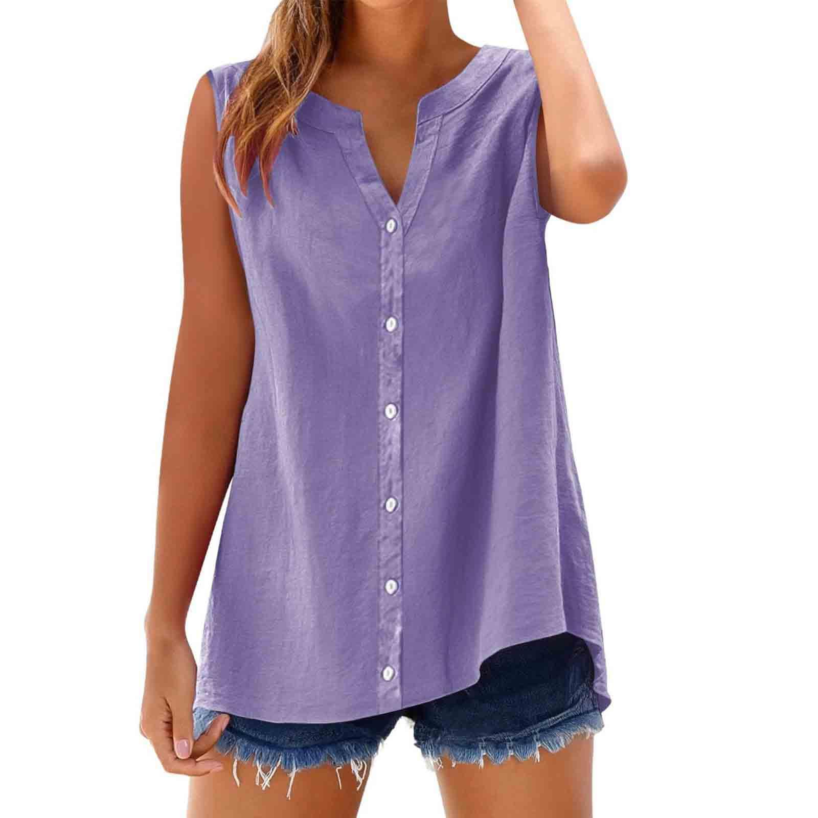 Camisa sin Manga Mujer Algodón Lino Verano Camisetas de Tirantes Blusa Moda Color sólido Casual Chaleco Ligero Transpirable Tank Tops Cuello en V Botones Fiesta Playa Camisa Suelto tee 2025