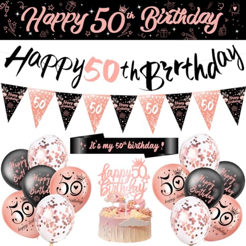Sunflower-boom 50th Birthday Party Decorations With Bunting Flags Latex Balloons Cake Toppers and Sash for Women - Complete Birthday Banner Set