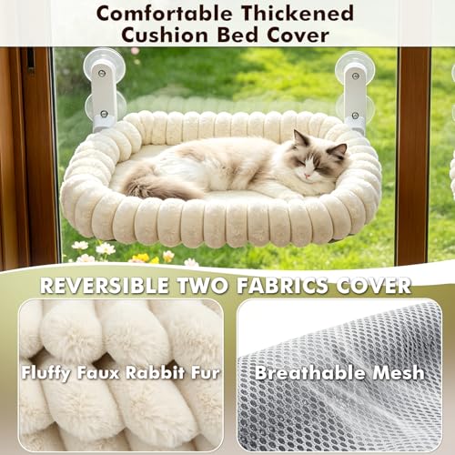 Image of AMOSIJOY Cordless Cat Window Perch, Window Hammock for Cats with 4 Strong Suction Cups, Solid Metal Frame and Cushion Bed Cover, Indoor Cat Bed (XL,Stripe)