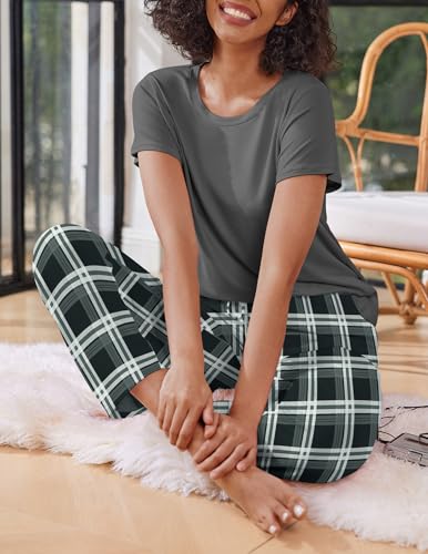 Image of Ekouaer 2 Pack Pajamas for Women Set Short Sleeve Pj Top and Printed Pants | Soft PJs Cozy Printed Lounge Sets Comfy Sleepwear with Pockets