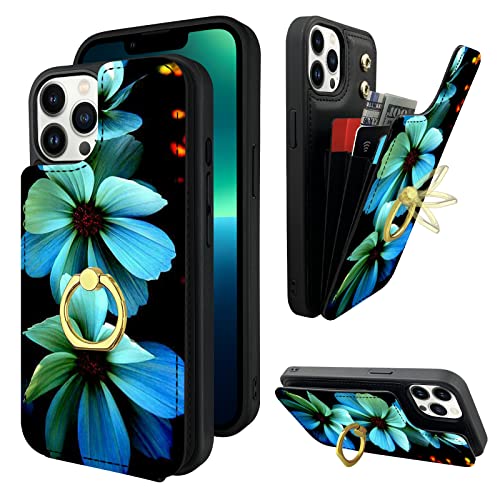 TopPerfekt Compatible with iPhone 13 Pro Max Wallet Case with Card Holder, 360°Rotation Finger Ring Holder Kickstand Protective RFID Blocking PU Leather Pattern Double Buttons Flip Cover 6.7