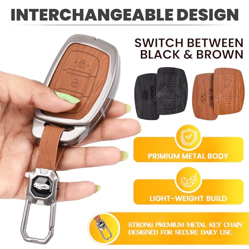 Image of Car Key Cover Compatible with Hyundai i20, Creta, Venue, Tucson, Alcazar, Verna, Xcent, Aura, Elantra 3-Button Smart Key (2 in 1 Dual Leather Metal)
