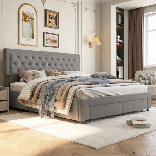 BRILVERDE Polsterbett 180x200 mit Stauraum unter Bett mit 2 Schubladen, Doppelbett mit kopfteil, Bettgestell mit Lattenrost, Bettrahmen für Erwachsene, Samt (Grau, 180 x 200 cm) BRILVERDE Polsterbett 180x200 mit Stauraum unter Bett mit 2 Schubladen, Doppelbett mit kopfteil, Bettgestell mit Lattenrost, Bettrahmen für Erwachsene, Samt (Grau, 180 x 200 cm)