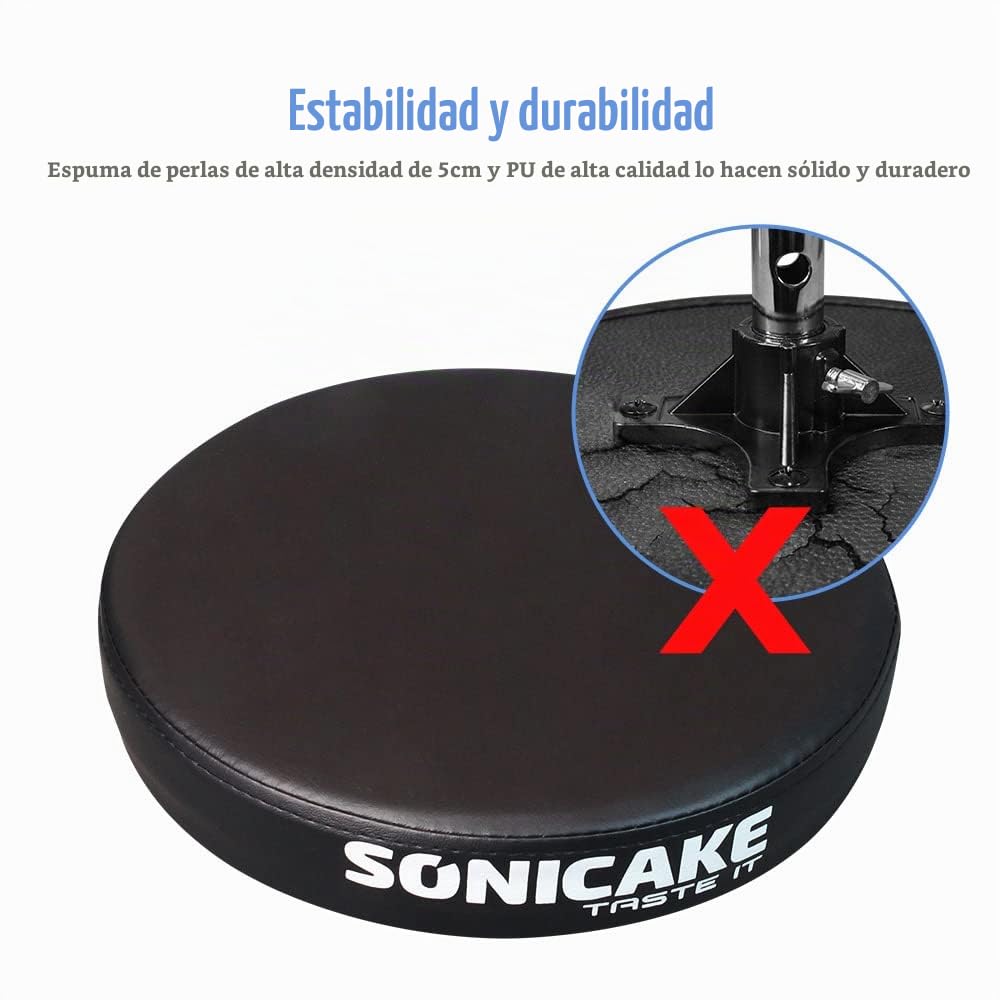 SONICAKE Taburete para batería Ajustable en Altura Taburete de batería Plegable con Asiento Acolchado Antideslizante Negro