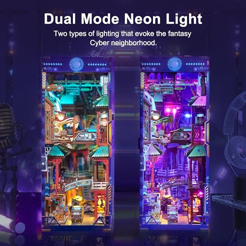 Image of Tonecheer DIY Book Nook Kit for Adults, Wooden 3D Puzzle Bookend Bookshelf Insert Decor, Cyber Punk Booknook Miniature House Kit with Dust Cover and Body Motion Sensor LED (Cyber City)