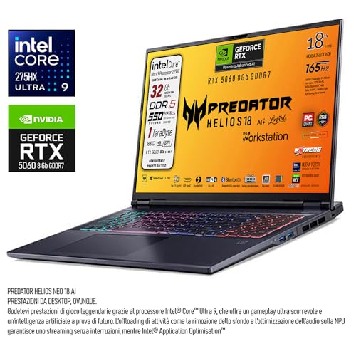 Predator Helios 18Ai Notebook Gaming, Intel ULTRA 9 275HX, Display IPS 18" WQXGA 165Hz, Nvidia Geforce RTX 5060 8Gb GDDR7, Win 11Pro, Ready to use - Notebook - Immagine 2