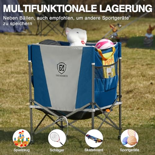 EVER ADVANCED Rolling Ballwagen faltbar mit Tragegurt Seitentasche Aufbewahrungswagen mit Rädern Sportgeräte 47x58x58cm für Volleyball Basketball Fußball Tennis Baseball