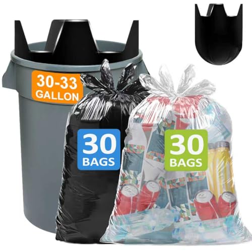 Image of 30-33 Gallon 1.2 Mil Heavy Duty Trash Bags 60 Count with 4 Innovative Flap Ties | Compatible with Rubbermaid Brute & Winco & Behrens 30-33 Gallon Round Trash Can Black 30 Count & Clear 30 Count