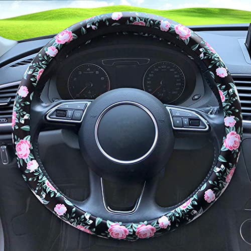 Binsheo Leather Car Floral Automotive Steering Wheel Cover, For Women Girls Ladies, Anti Slip Universal 15, Balck With Pink Flowers #TOP1
