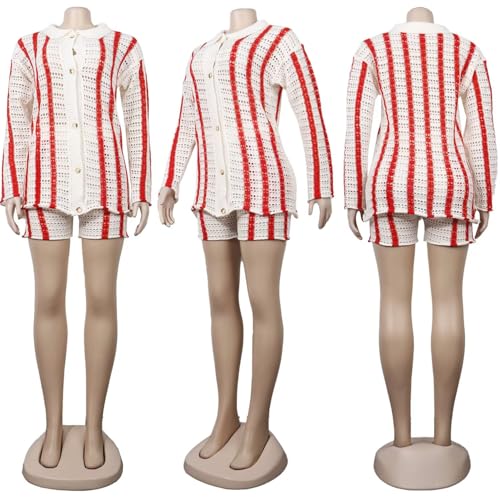 Image of Womens Fashion Stripe Knit Sweater Cardigan 2 Piece Outfits,Long Sleeved Woollen Cardigan and Shorts Suit