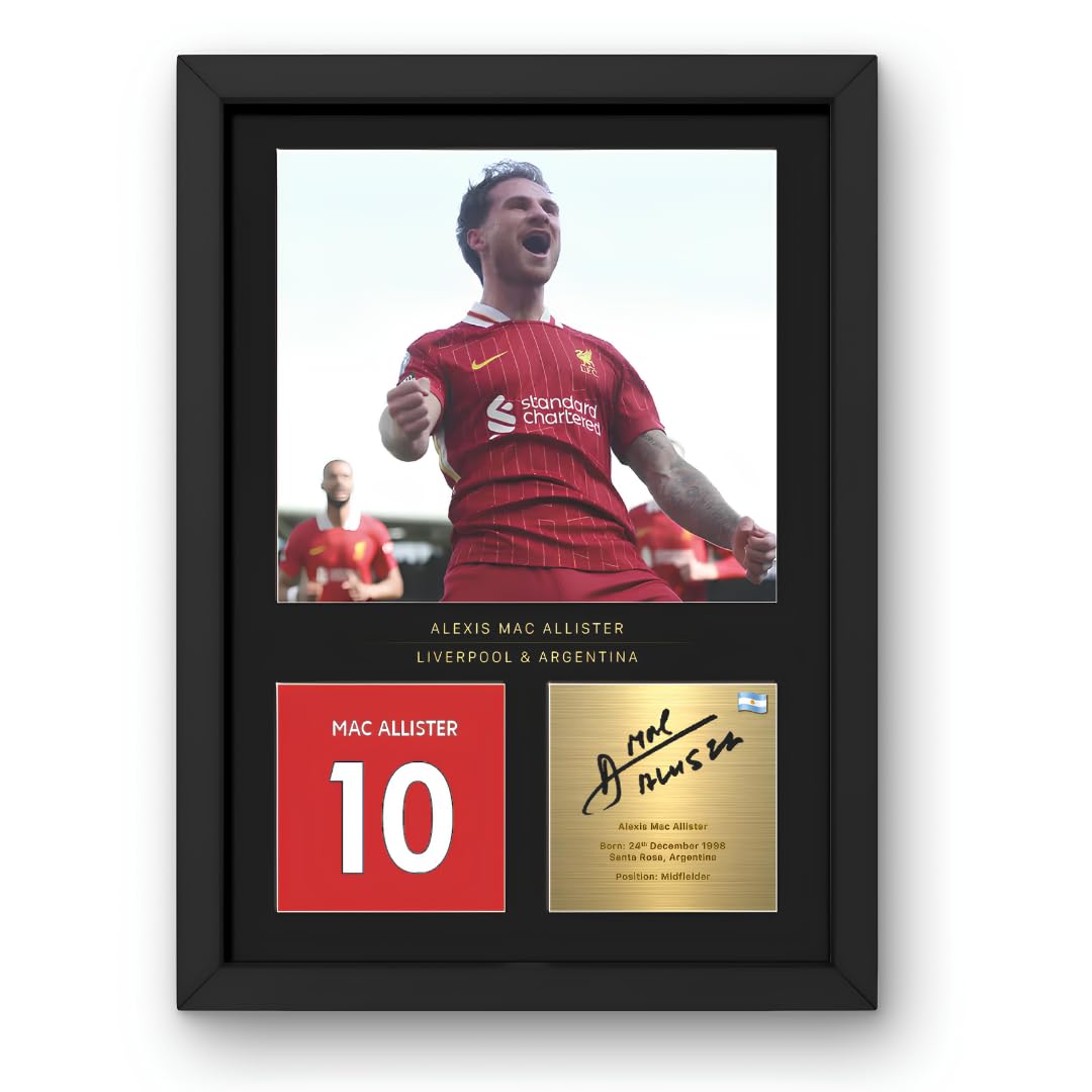 Win FC Alexis Mac Allister A4 Framed Photo Display - Reproduced Digital Signature - Gift For Liverpool FC Fans