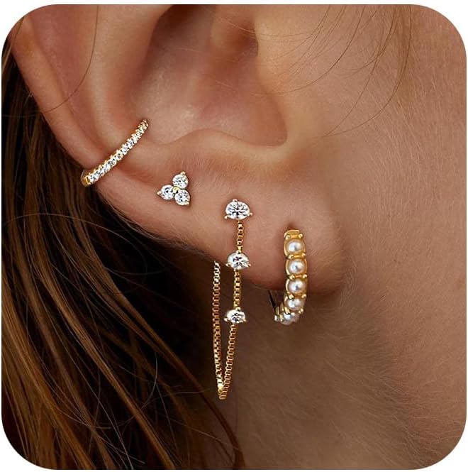 Stack Earrings For Women,Dainty 14K Gold Plated Pearl Hoop Huggie Earring Set Cute Chain Cartilage Earring Stack Trendy Hypoallergenic Long Drop Stud Earrings Jewelry