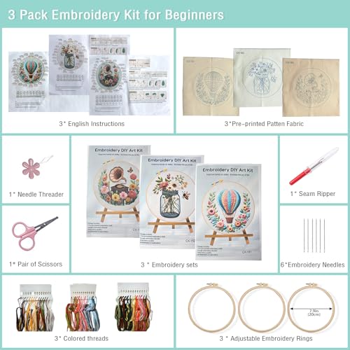 Image of AEDNX 3 Pack Beginner Embroidery Kit DIY Cross Stitch Kit for Adults with Cute Flowers Patterns Includes 3 Embroidery Hoops Detailed Instructions Complete Accessories