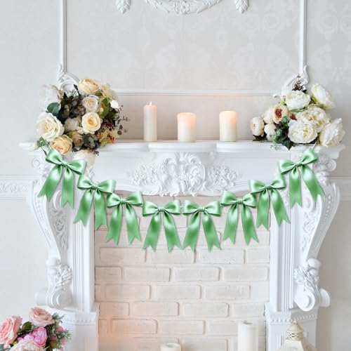 Image of 2 Strings of 16PCS Sage Green Bow Garlands Banner Decoration,Pre-Strung Satin Ribbon Ornaments for Birthday,Bachelorette Party,Bridal Shower,Wedding,Engagement,Baby Shower,Graduation Decor,Anniversary