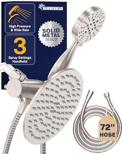 HammerHead Showers Dual Shower Head Combo, 8-Inch Rainfall & 3-Flow Handheld, Brushed Nickel, 2.5 GPM
