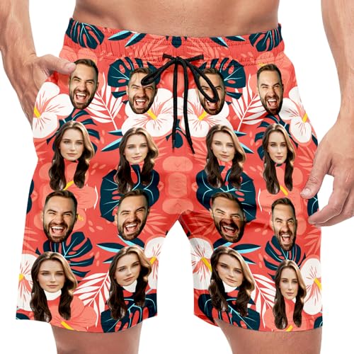 Custom Swim Trunks for Men with Face Personalized Photo Hawaiian Beach Shorts Customized Funny Gifts for Him