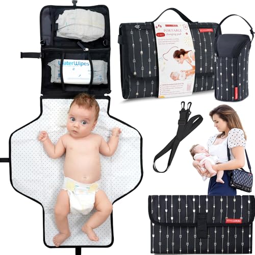 Image of Portable Diaper Changing Pad Waterproof – B0NUS Insulated Baby Bottle Bag, 2-in-1 Diaper Clutch and Changing Mat, Wipe Clean Portable Changing Pad with Built-in Head Cushion (Black)