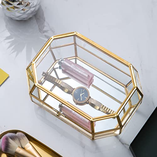 Vellon Gold And Clear Jewelry Trinket Box, Glass Decorative Box, Chic Design Storage For Cosmetic/Bracelet/Necklace/Ring, Idea Gift, Including 26 Glass Panels And 112 Golden Metal Line #TOP5