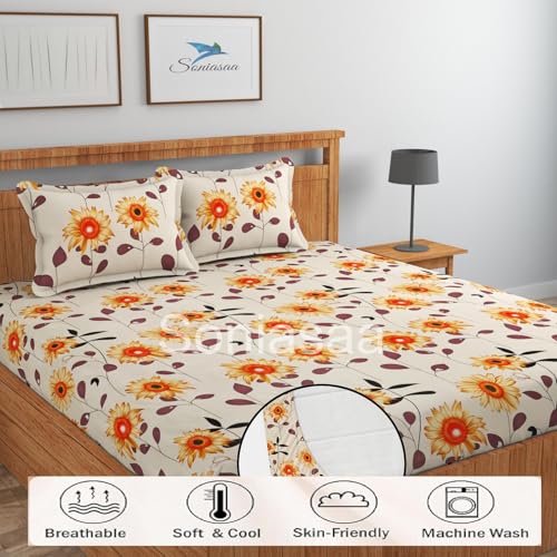 Image of 240 TC Glace-Cotton All Around Elastic Fitted Bedsheet, Elastic Fitted Bedsheet King Size Bedsheet for Double Bed with 2 Pillow Covers, Size - 72 x 78 x 8 Inch Color White