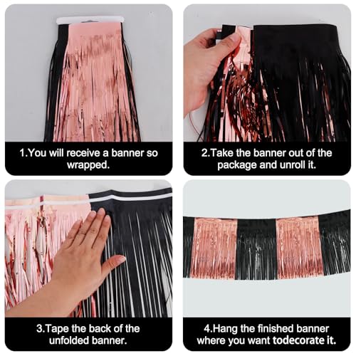 Image of BEISHIDA 3 Packs Metallic Foil Fringe Garland Black Rose Wall Hanging Tinsel Fringe Banners for Car Floats Bridal Shower Wedding Birthday Graduation Holiday Party Decoration(30 Feet)