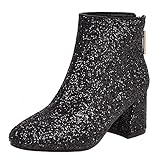Elbslutt Women's Glitter Sparkly Booties Chunky Heels Ankle Boots Back Zipper Block Heeled Short Sequin Boots Wedding Bridal Party Dress Shoes, size 8.5, Black