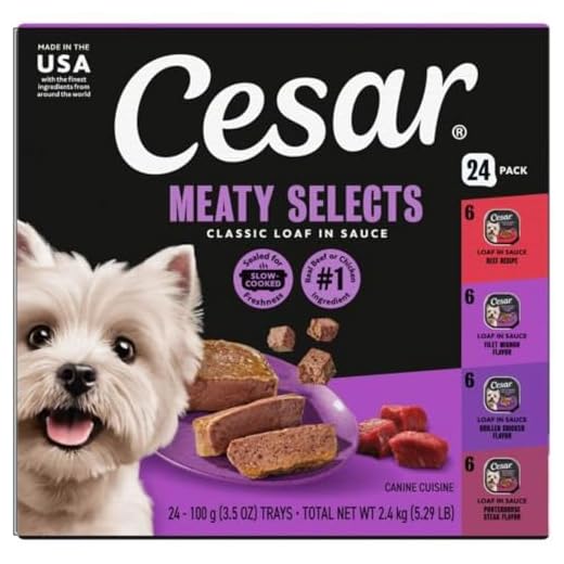 Cesar Classic Loaf in Sauce Wet Dog Food, Beef Recipe, Filet Mignon Flavor, Grilled Chicken Flavor, and Porterhouse Steak Flavor, 3.5 oz. Easy Peel Trays, Variety Pack (24 Count, Pack of 1)