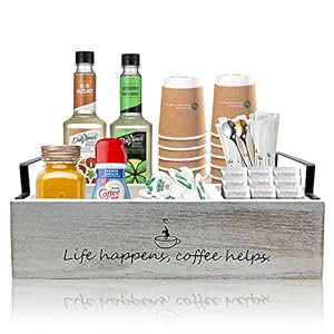 Coffee Station Organizer, Farmhouse Coffee Bar Accessories Organizer Basket for Countertop Office Coffee Station, Wooden Tray for Coffee Supplies and Essentials, Sugar, Syrup, Tea (Rustic White) Coffee Station Organizer Farmhouse Coffee Bar Accessories Organizer Basket for Countertop Office Coffee Station Wooden Tray for Coffee Supplies and Essentials Sugar Syrup Tea Rustic White