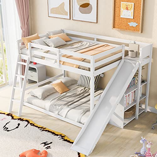 Image of Bellemave Bunk beds Full Over Full Size Slide and Stair, Low bunk Bed for Kids，White